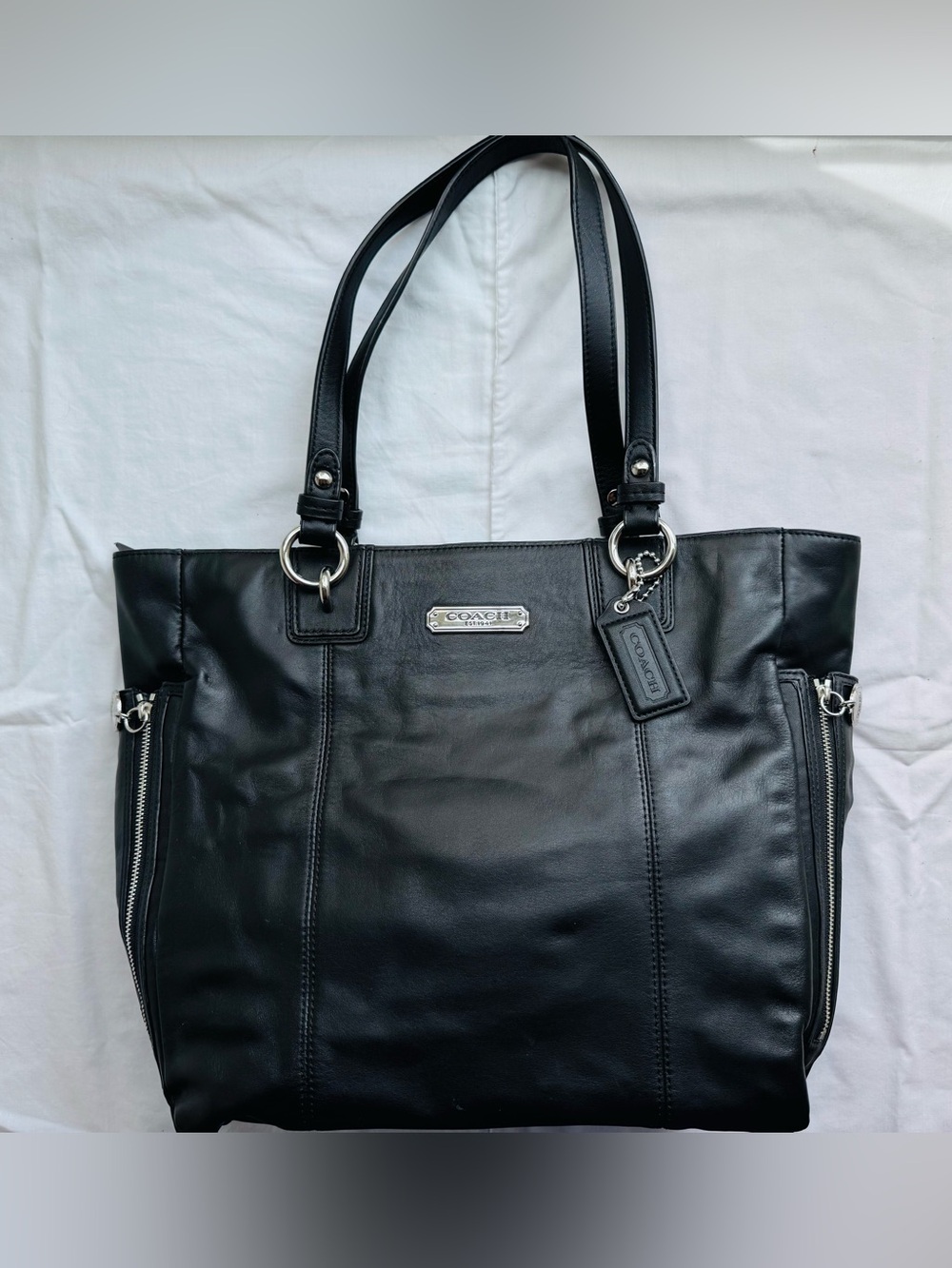 Coach Black Leather Tote with Silver Hardware and Logo Tag